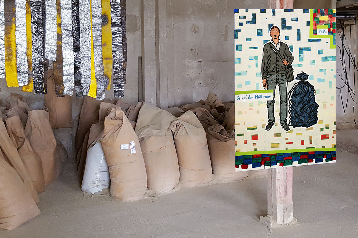 Ralf Schmidt artist Künstler: Die Arbeit 'Bring' den Müll raus' auf der Ausstellung 'Gegenstrom - Kunst im Hafen', Reisholzer Hafen, Düsseldorf; in Zusammenarbeit mit Kunst im Hafen e.V. und Düsseldorfer Künstler e.V.