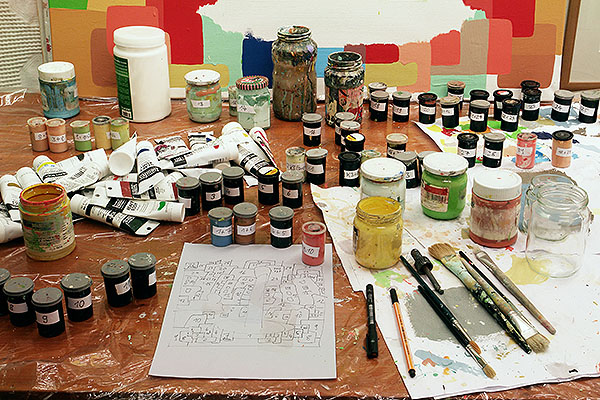 Ralf Schmidt Farbskizze und -material für die Arbeit Irgendwer irgendwann